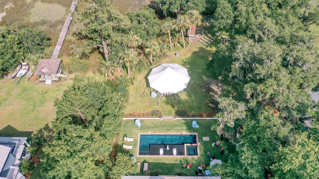 Intimate Savannah Backyard Wedding drone layout