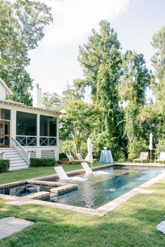 Intimate Savannah Backyard Wedding reception details pool cocktail hour