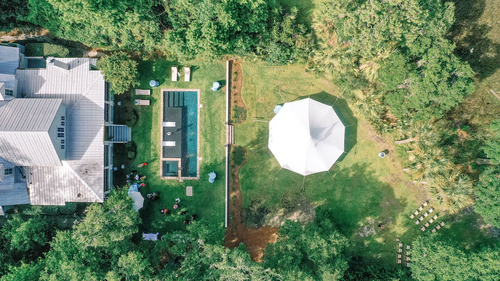 Intimate Savannah Backyard Wedding reception drone layout